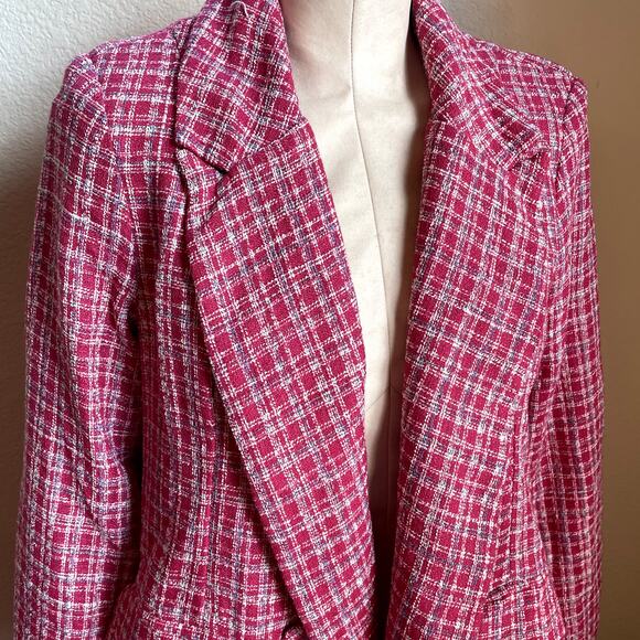 Fate Tweed Magenta Pink plaid Blazer womens Medium Jacket NEW barbie casual work - Picture 2 of 6
